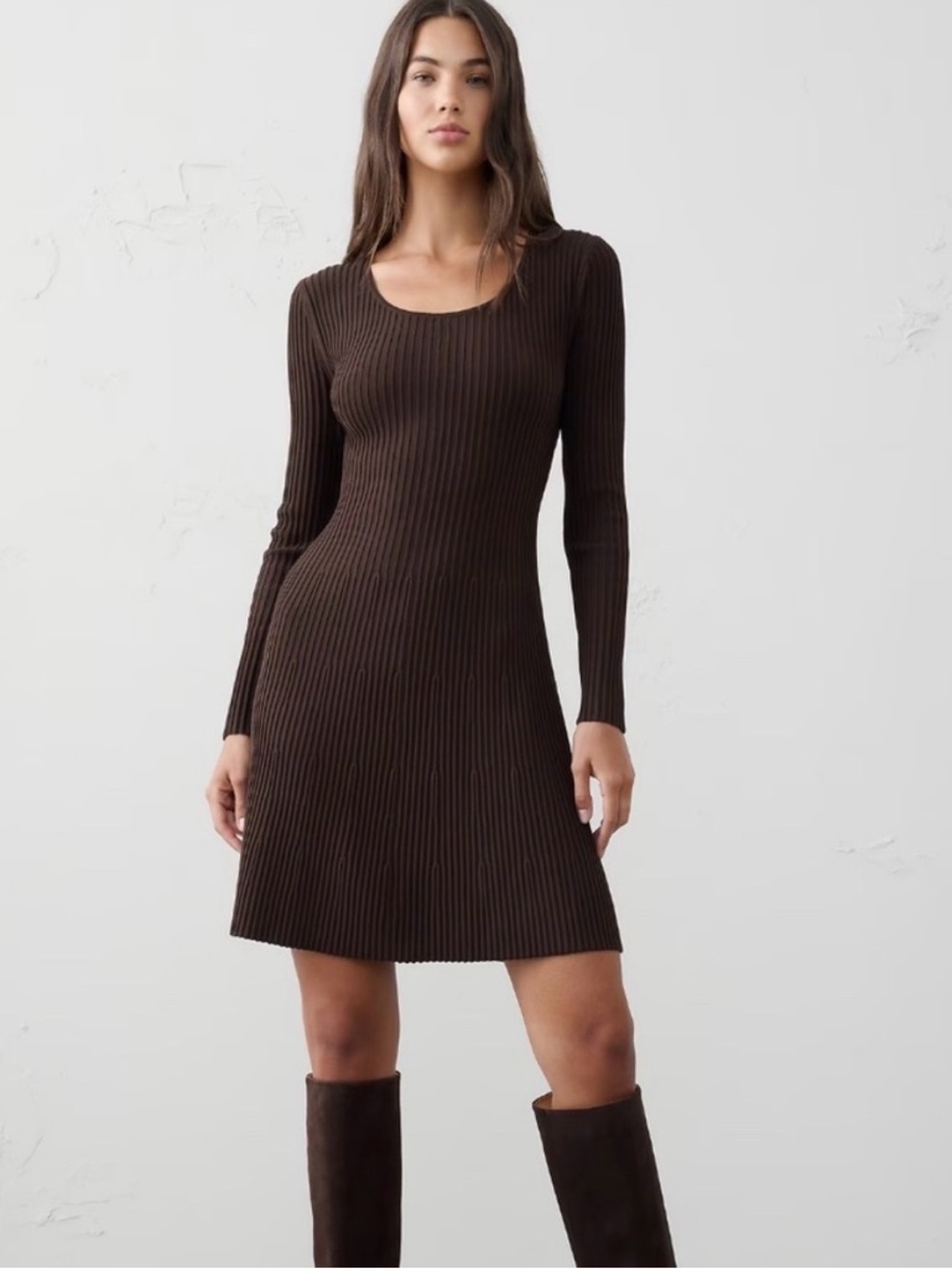 Banana Republic Ribbed Long-Sleeve Scoop Neck Dress - Brown